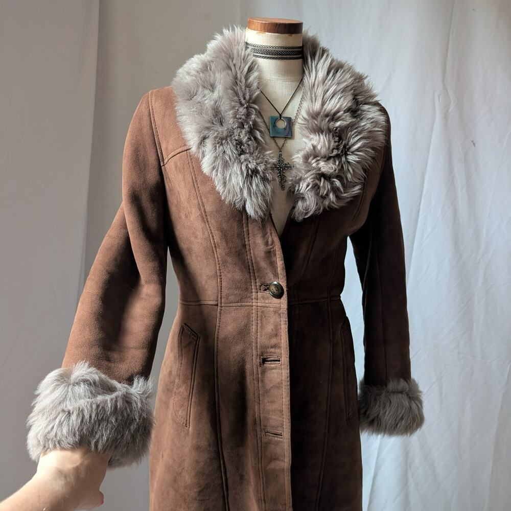 Vintage Brown Suede Penny Lane Jacket S Fur Furry Leather Groovy Mod Trench Coat
